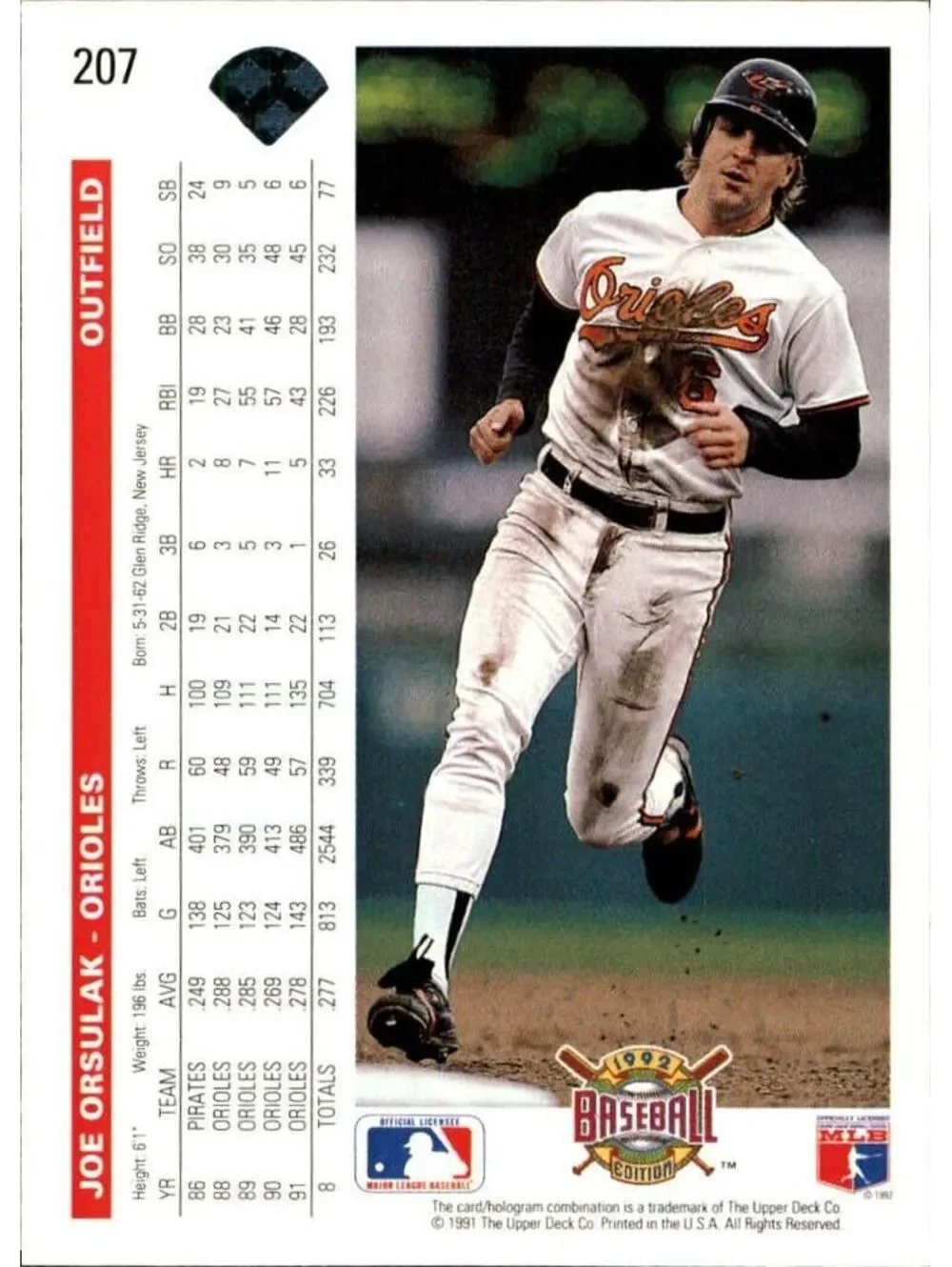Joe Orsulak 1992 Upper Deck MLB #207 Baseball Card Baltimore Orioles